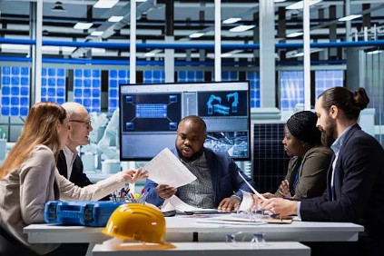 Engineering professionals collaborating in a technical meeting